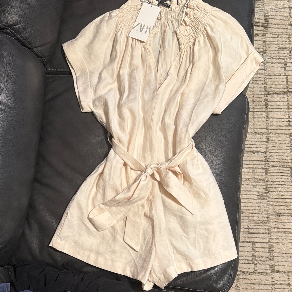 Zara Beige Romper with Waist Tie